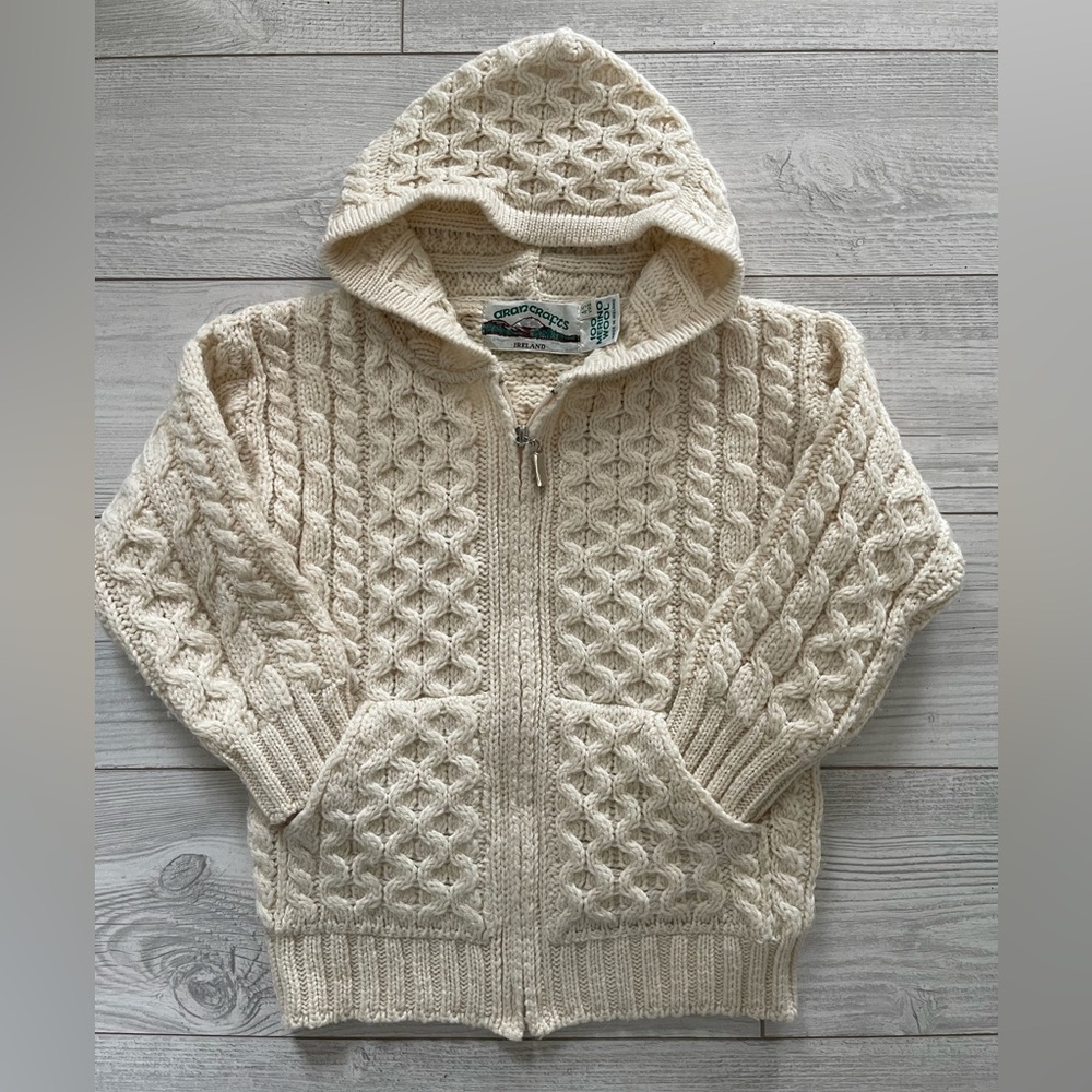 Aran Crafts Merino Wool Cableknit Cardigan Zip Front Hooded Kids 4-5